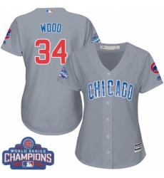 Women's Majestic Chicago Cubs #34 Kerry Wood Authentic Grey Road 2016 World Series Champions Cool Base MLB Jersey