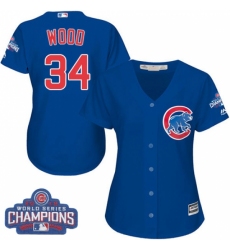 Women's Majestic Chicago Cubs #34 Kerry Wood Authentic Royal Blue Alternate 2016 World Series Champions Cool Base MLB Jersey