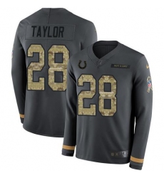 Men's Nike Indianapolis Colts #28 Jonathan Taylor Anthracite Salute To Service Stitched NFL Limited Therma Long Sleeve Jersey