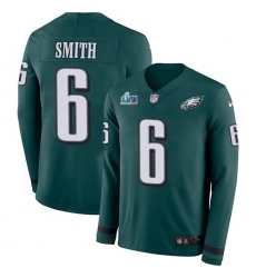 Men's Nike Philadelphia Eagles #6 DeVonta Smith Green Super Bowl LVII Patch Team Color Stitched NFL Limited Therma Long Sleeve Jersey