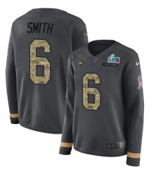 Women's Nike Philadelphia Eagles #6 DeVonta Smith Anthracite Super Bowl LVII Patch Salute To Service Stitched NFL Limited Therma Long Sleeve Jersey