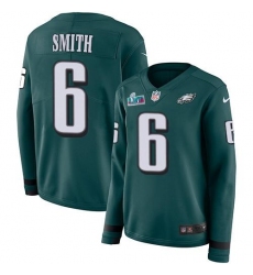 Women's Nike Philadelphia Eagles #6 DeVonta Smith Green Super Bowl LVII Patch Team Color Stitched NFL Limited Therma Long Sleeve Jersey