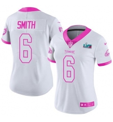 Women's Nike Philadelphia Eagles #6 DeVonta Smith White Pink Super Bowl LVII Patch Stitched NFL Limited Rush Fashion Jersey