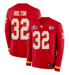 Men's Nike Kansas City Chiefs #32 Nick Bolton Red Team Color Super Bowl LVII Patch Stitched NFL Limited Therma Long Sleeve Jersey