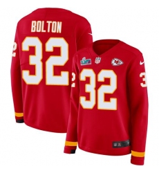 Women's Nike Kansas City Chiefs #32 Nick Bolton Red Team Color Super Bowl LVII Patch Stitched NFL Limited Therma Long Sleeve Jersey