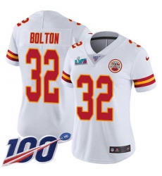 Women's Nike Kansas City Chiefs #32 Nick Bolton White Super Bowl LVII Patch Stitched NFL 100th Season Vapor Limited Jersey