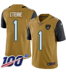 Men's Nike Jacksonville Jaguars #1 Travis Etienne Gold Stitched NFL Limited Rush 100th Season Jersey