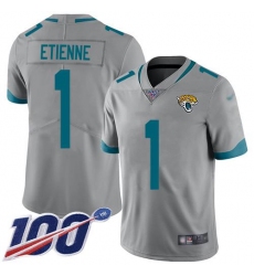 Men's Nike Jacksonville Jaguars #1 Travis Etienne Silver Stitched NFL Limited Inverted Legend 100th Season Jersey