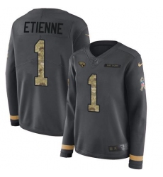 Women's Nike Jacksonville Jaguars #1 Travis Etienne Anthracite Salute To Service Stitched NFL Limited Therma Long Sleeve Jersey