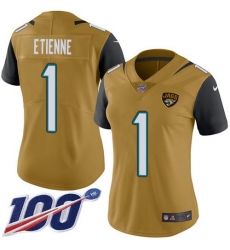 Women's Nike Jacksonville Jaguars #1 Travis Etienne Gold Stitched NFL Limited Rush 100th Season Jersey