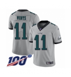 Men's Philadelphia Eagles #11 Carson Wentz Limited Silver Inverted Legend 100th Season Football Jersey