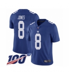 Men's New York Giants #8 Daniel Jones Royal Blue Team Color Vapor Untouchable Limited Player 100th Season Football Jersey