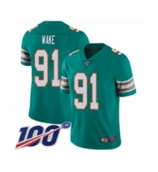 Men's Miami Dolphins #91 Cameron Wake Aqua Green Alternate Vapor Untouchable Limited Player 100th Season Football Jersey