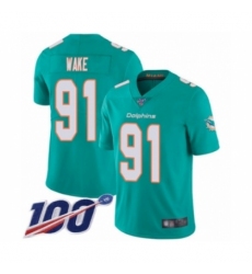 Men's Miami Dolphins #91 Cameron Wake Aqua Green Team Color Vapor Untouchable Limited Player 100th Season Football Jersey