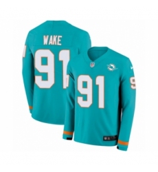 Men's Nike Miami Dolphins #91 Cameron Wake Limited Aqua Therma Long Sleeve NFL Jersey