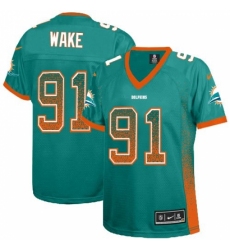 Women's Nike Miami Dolphins #91 Cameron Wake Elite Aqua Green Drift Fashion NFL Jersey