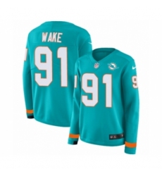 Women's Nike Miami Dolphins #91 Cameron Wake Limited Aqua Therma Long Sleeve NFL Jersey