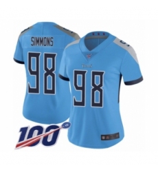 Women's Tennessee Titans #98 Jeffery Simmons Light Blue Alternate Vapor Untouchable Limited Player 100th Season Football Jersey