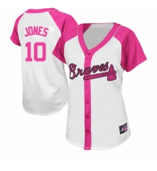 Women's Majestic Atlanta Braves #10 Chipper Jones Replica White/Pink Splash Fashion MLB Jersey