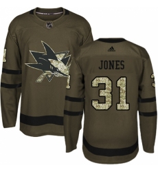 Youth Adidas San Jose Sharks #31 Martin Jones Premier Green Salute to Service NHL Jersey