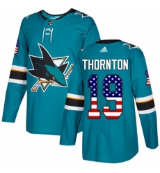 Men's Adidas San Jose Sharks #19 Joe Thornton Authentic Teal Green USA Flag Fashion NHL Jersey