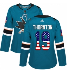 Women's Adidas San Jose Sharks #19 Joe Thornton Authentic Teal Green USA Flag Fashion NHL Jersey