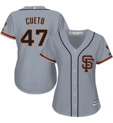 Women's Majestic San Francisco Giants #47 Johnny Cueto Replica Grey Road 2 Cool Base MLB Jersey