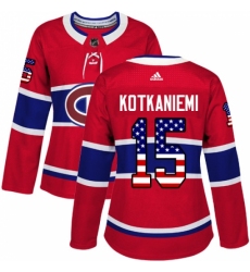 Women's Adidas Montreal Canadiens #15 Jesperi Kotkaniemi Authentic Red USA Flag Fashion NHL Jersey