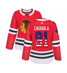 Women's Chicago Blackhawks #91 Drake Caggiula Authentic Red USA Flag Fashion Hockey Jersey