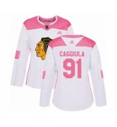 Women's Chicago Blackhawks #91 Drake Caggiula Authentic White Pink Fashion Hockey Jersey