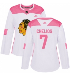 Women's Adidas Chicago Blackhawks #7 Chris Chelios Authentic White/Pink Fashion NHL Jersey