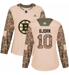 Women's Adidas Boston Bruins #10 Anders Bjork Authentic Camo Veterans Day Practice NHL Jersey