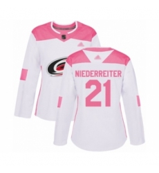 Women's Carolina Hurricanes #21 Nino Niederreiter Authentic White Pink Fashion Hockey Jersey