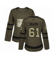 Women's Philadelphia Flyers #61 Justin Braun Authentic Green Salute to Service Hockey Jersey