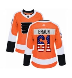Women's Philadelphia Flyers #61 Justin Braun Authentic Orange USA Flag Fashion Hockey Jersey