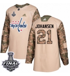 Men's Adidas Washington Capitals #21 Lucas Johansen Authentic Camo Veterans Day Practice 2018 Stanley Cup Final NHL Jersey