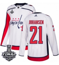 Men's Adidas Washington Capitals #21 Lucas Johansen Authentic White Away 2018 Stanley Cup Final NHL Jersey