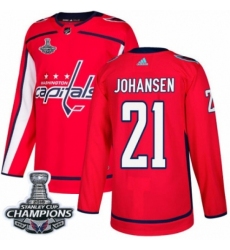 Men's Adidas Washington Capitals #21 Lucas Johansen Premier Red Home 2018 Stanley Cup Final Champions NHL Jersey