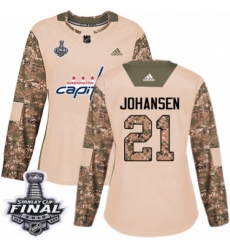 Women's Adidas Washington Capitals #21 Lucas Johansen Authentic Camo Veterans Day Practice 2018 Stanley Cup Final NHL Jersey