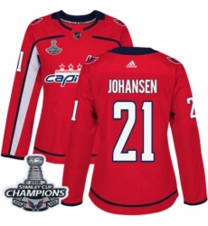 Women's Adidas Washington Capitals #21 Lucas Johansen Authentic Red Home 2018 Stanley Cup Final Champions NHL Jersey