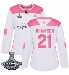 Women's Adidas Washington Capitals #21 Lucas Johansen Authentic White Pink Fashion 2018 Stanley Cup Final Champions NHL Jersey