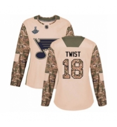 Women's St. Louis Blues #18 Tony Twist Authentic Camo Veterans Day Practice 2019 Stanley Cup Champions Hockey Jersey