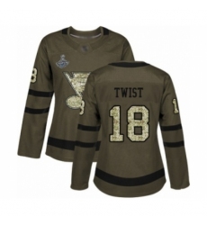 Women's St. Louis Blues #18 Tony Twist Authentic Green Salute to Service 2019 Stanley Cup Champions Hockey Jersey