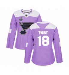 Women's St. Louis Blues #18 Tony Twist Authentic Purple Fights Cancer Practice 2019 Stanley Cup Champions Hockey Jersey