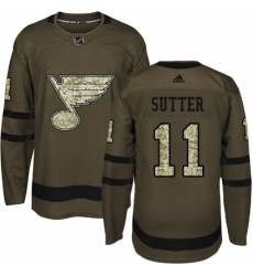 Men's Adidas St. Louis Blues #11 Brian Sutter Authentic Green Salute to Service NHL Jersey