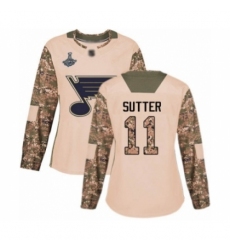 Women's St. Louis Blues #11 Brian Sutter Authentic Camo Veterans Day Practice 2019 Stanley Cup Champions Hockey Jersey