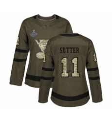 Women's St. Louis Blues #11 Brian Sutter Authentic Green Salute to Service 2019 Stanley Cup Champions Hockey Jersey