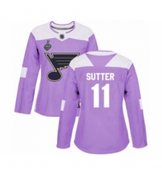 Women's St. Louis Blues #11 Brian Sutter Authentic Purple Fights Cancer Practice 2019 Stanley Cup Final Bound Hockey Jersey