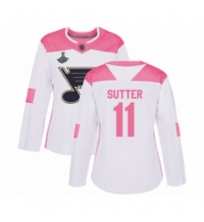 Women's St. Louis Blues #11 Brian Sutter Authentic White Pink Fashion 2019 Stanley Cup Champions Hockey Jersey