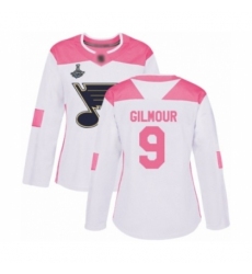 Women's St. Louis Blues #9 Doug Gilmour Authentic White Pink Fashion 2019 Stanley Cup Champions Hockey Jersey